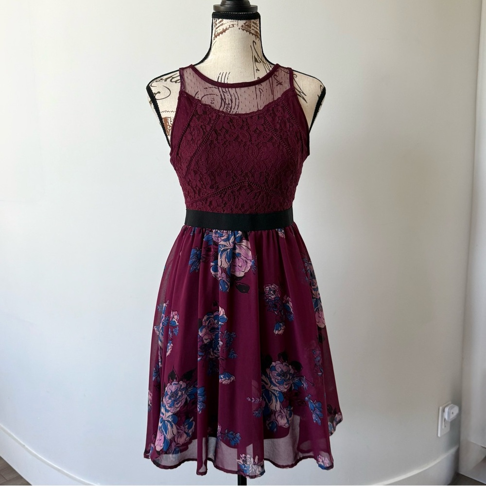 Xhilaration Burgundy Floral Lace Mini Dress
